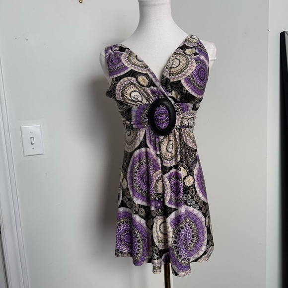 Ladies Y2K Purple and Black Patterned Dress belted goth fairy whimsy S mini - Picture 3 of 6